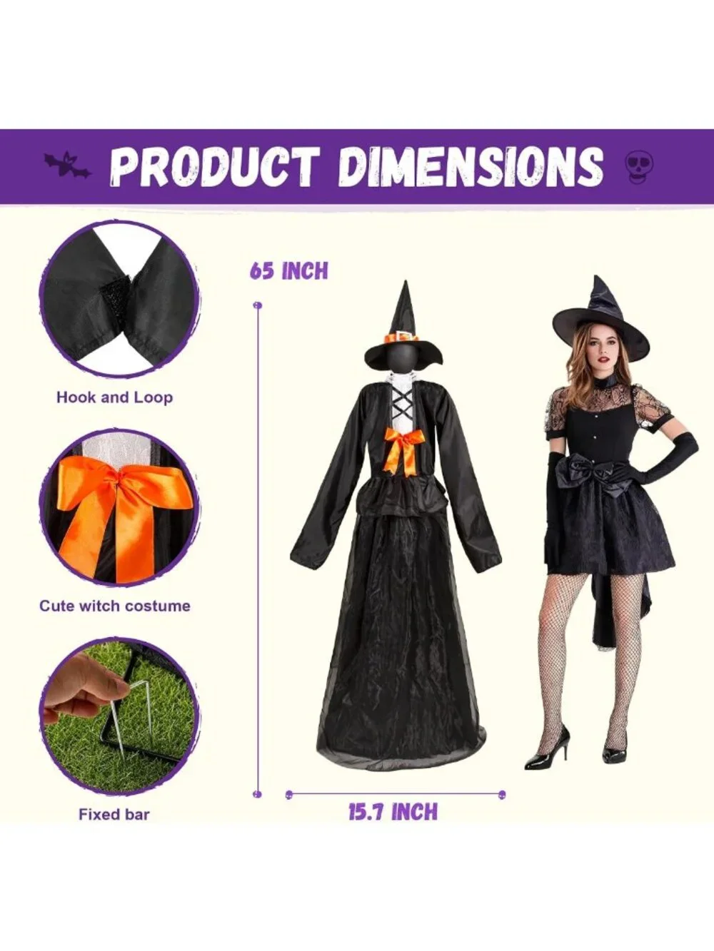 65-Inch Light-Up Witch Decoration Set of 3 - Solar-Powered Outdoor Graveyard